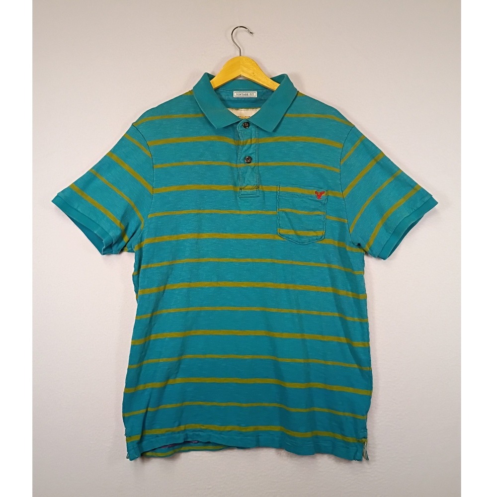 Coastal Surf American Eagle Mens XL Teal Mustard Striped Slub‎ Pocket Polo Shirt
